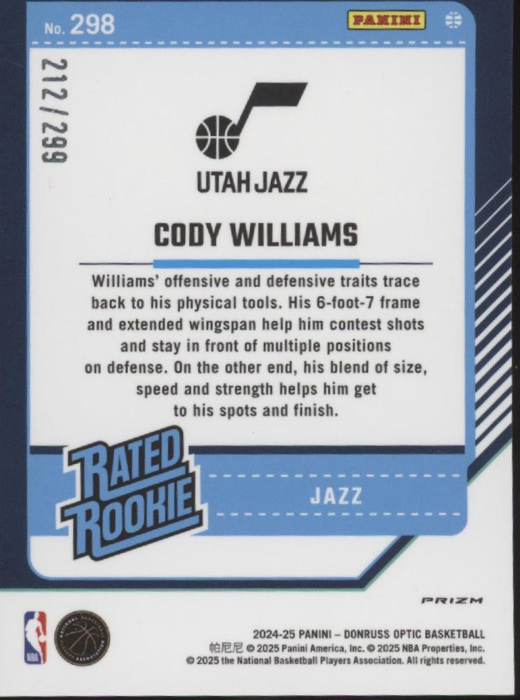 Cody Williams 2024-25 Donruss Optic Rated Rookie Orange Hyper Prizm RC 212/99