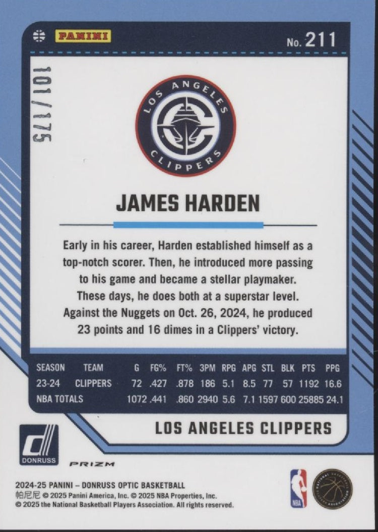 James Harden 2024-25 Panini Donruss Optic Blue Hyper Prizm 101/175 #211