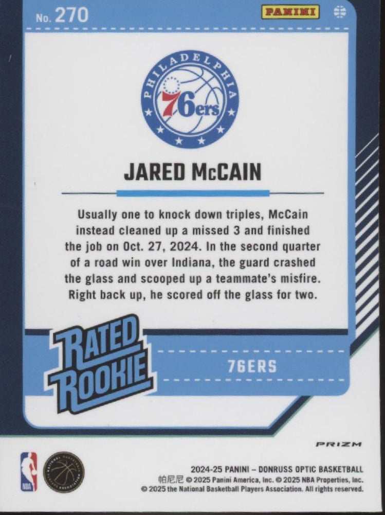 Jared McCain 2024-25 Panini Donruss Optic Rated Rookie Purple Prizm RC #270