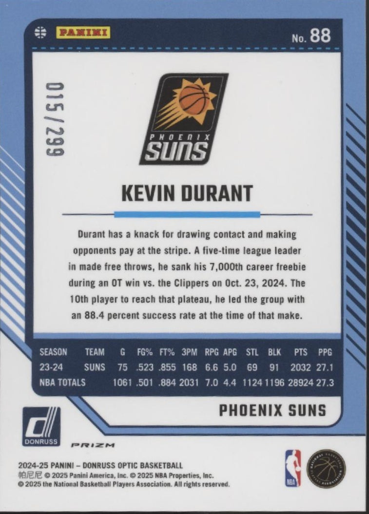Kevin Durant 2024-25 Panini Donruss Optic Orange Hyper Prizm 015/299 #88