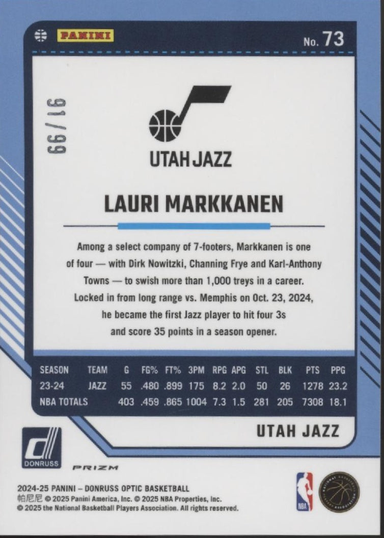 Lauri Markkanen 2024-25 Panini Donruss Optic Copper Glitter Prizm 91/99 #73