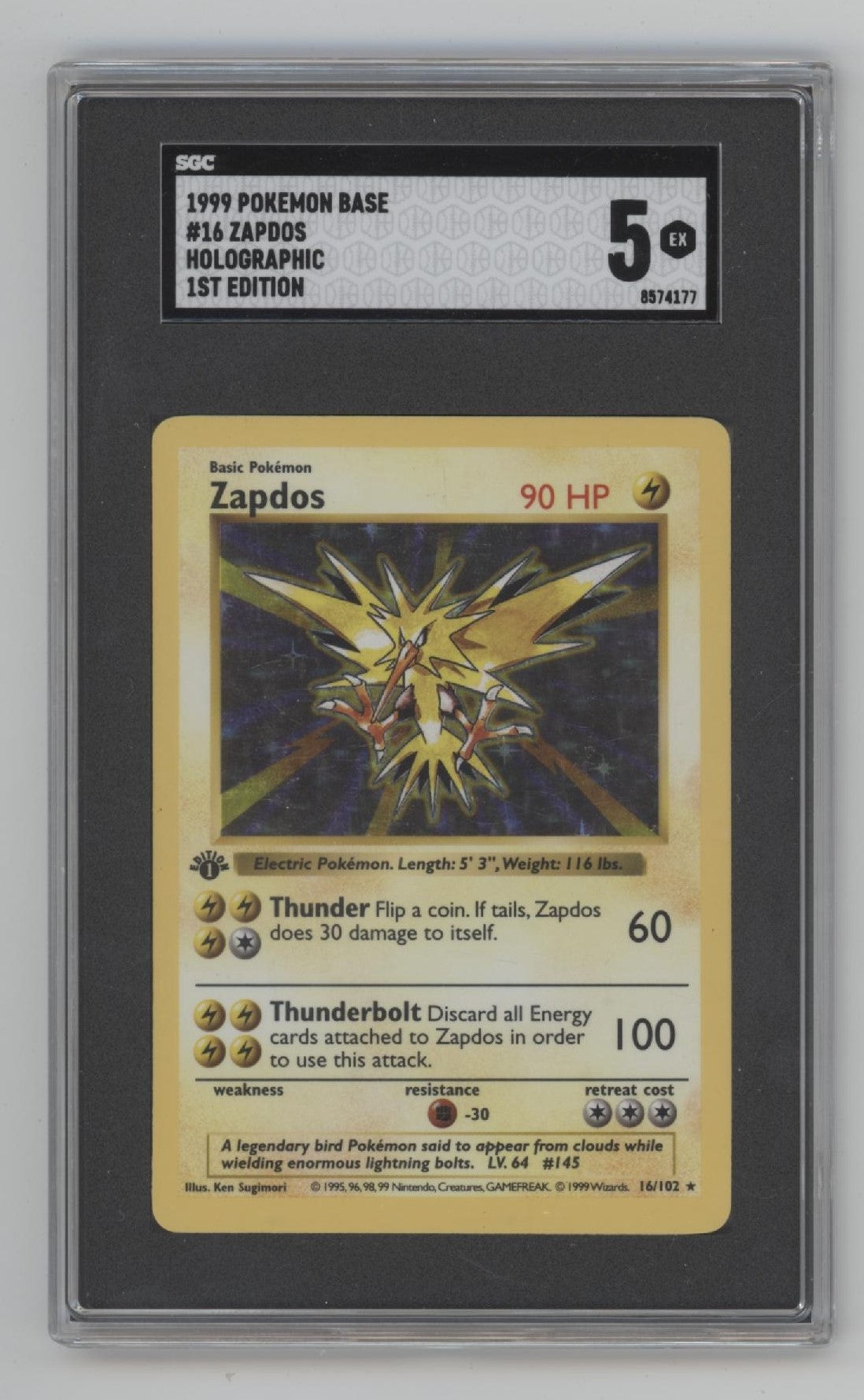 Zapdos Pokemon Base Set Holo 1st Edition #16 SGC 5