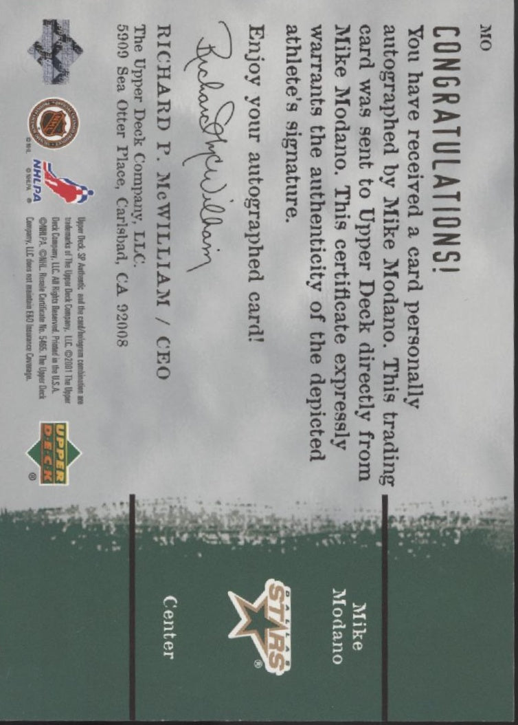 Mike Modano 2000-01 Upper Deck SP Authentic Sign of the Times Auto