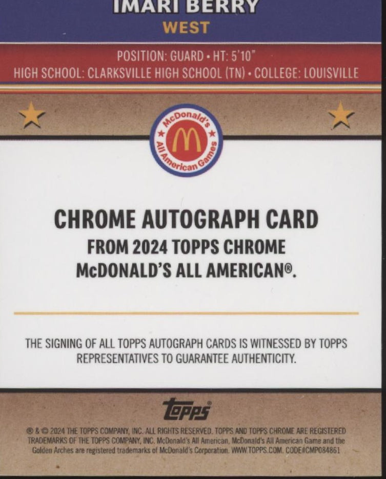 Imari Berry 2024 Topps Chrome McDonald's All American Gold Refractor Auto 22/50