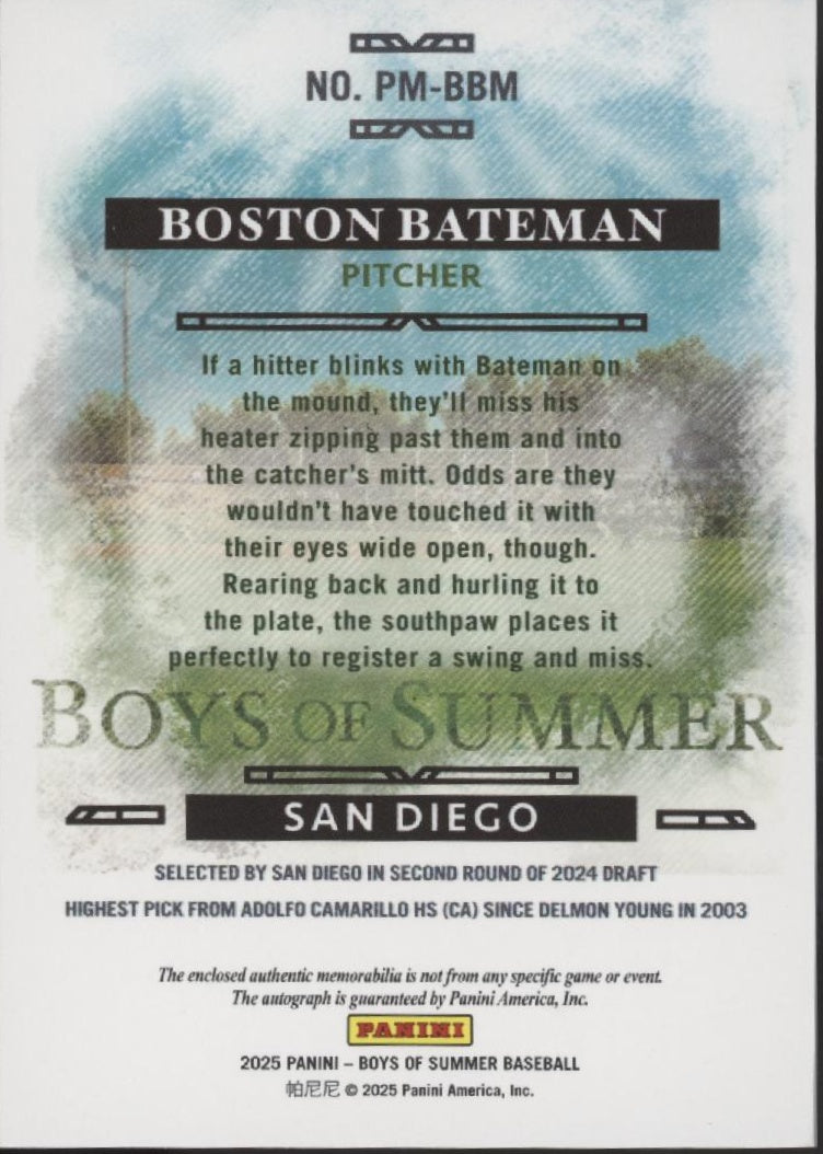 Boston Bateman 2025 Panini Boys of Summer Red Swatch Auto 69/75 #PM-BBM