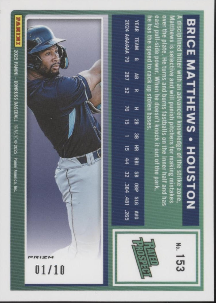 Brice Matthews 2025 Panini Donruss Rated Prospect Gold Prizm 01/10 #153