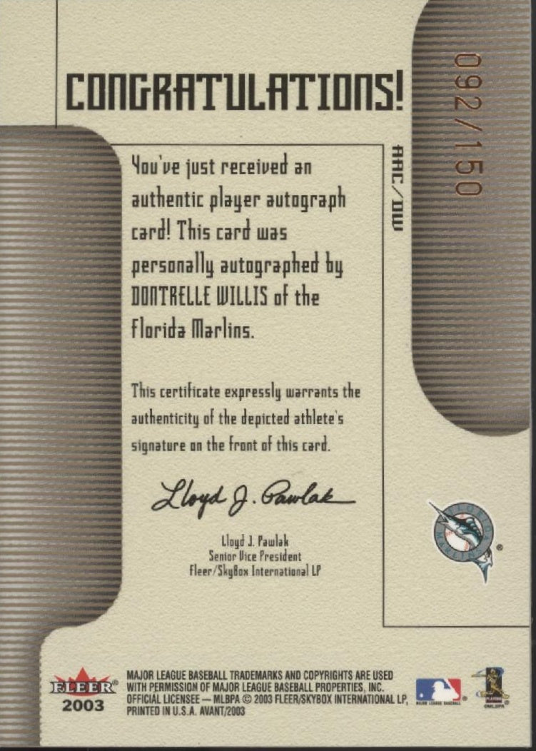 Dontrelle Willis 2003 Fleer Avant Auto 092/150