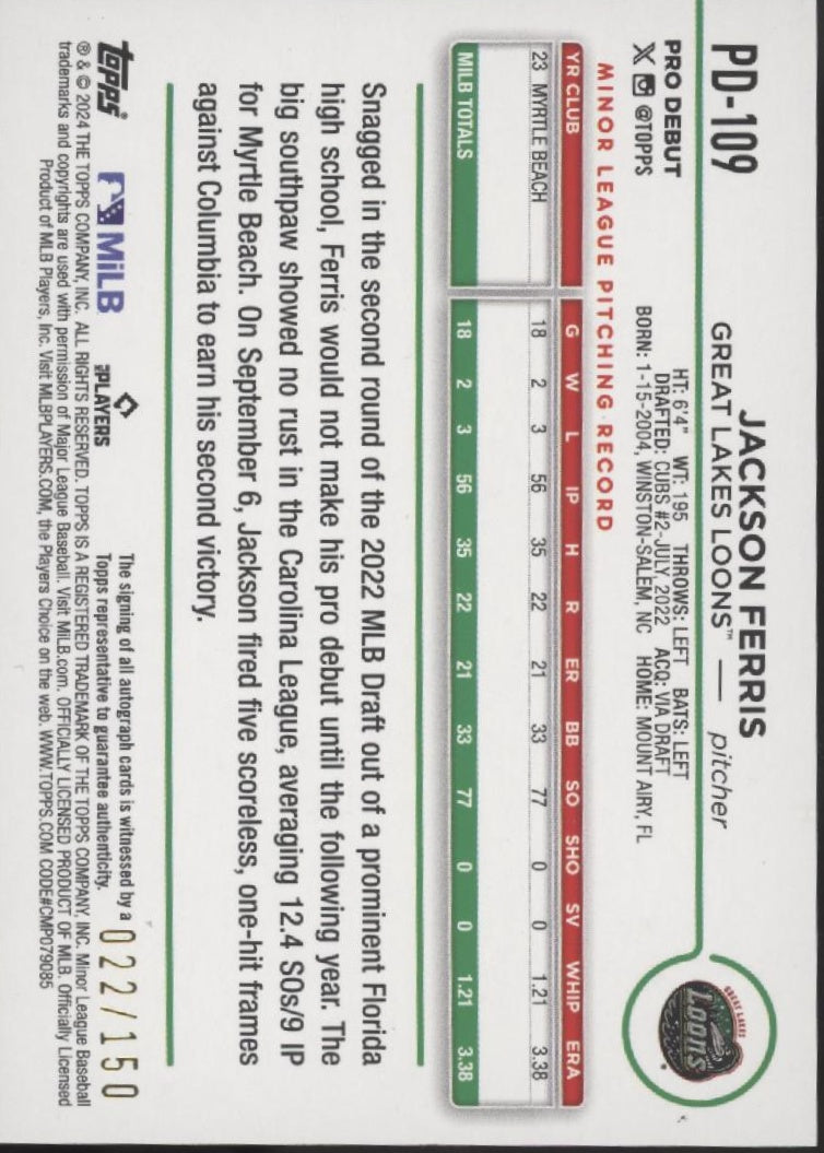 Jackson Ferris 2024 Topps Pro Debut Blue Holo Auto 022/150 #PD-109