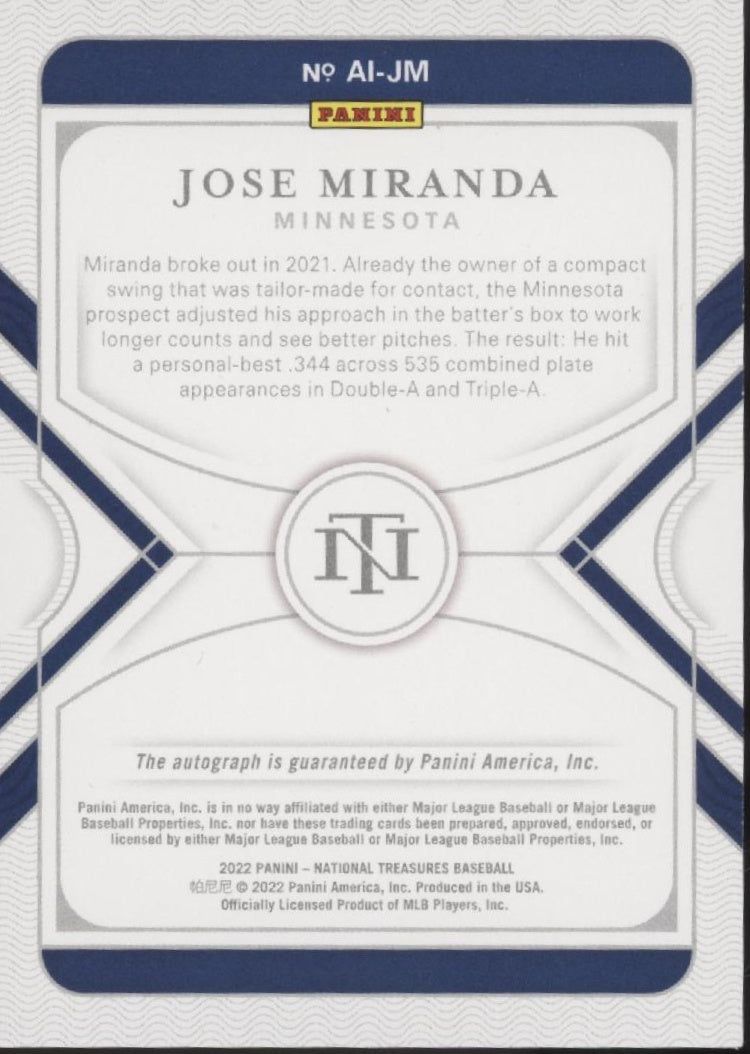 Jose Miranda 2022 Panini National Treasures Apprentice Ink Auto 39/99 #AI-JM
