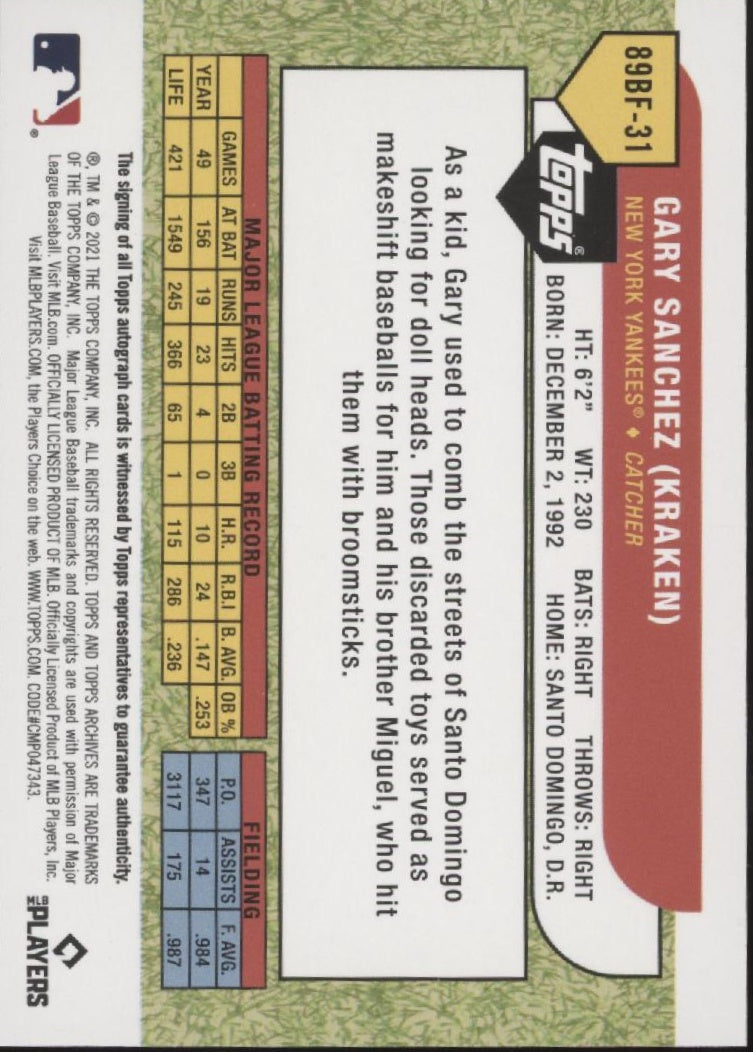 Gary Sanchez 2021 Topps Archives Holo Auto #89BF-31