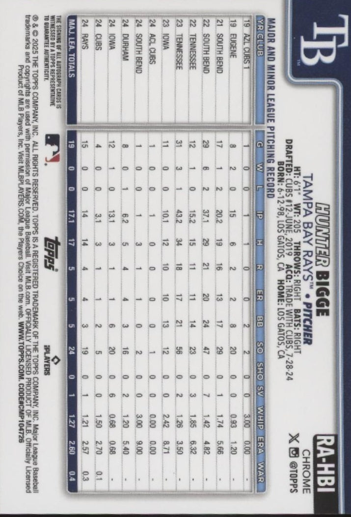 Hunter Bigge 2025 Topps Chrome RC Auto #RA-HBI