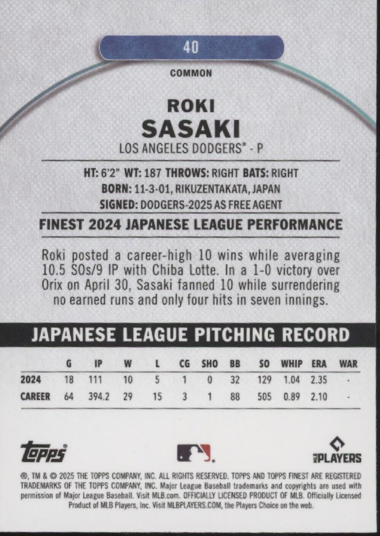 Roki Sasaki 2025 Topps Finest Sky Blue Refractor RC 270 #325 #40