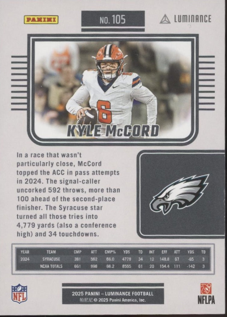 Kyle McCord 2025 Panini Luminance Black RC 65/75 #105
