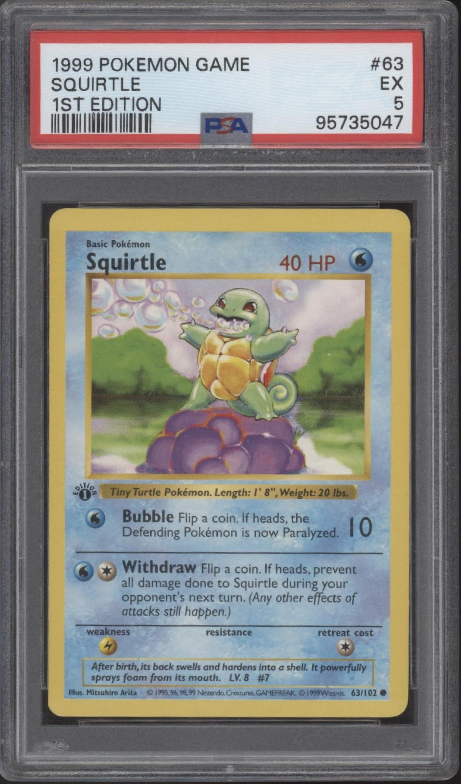 Squirtle Pokemon Base Set 1st Edition #63 PSA 5
