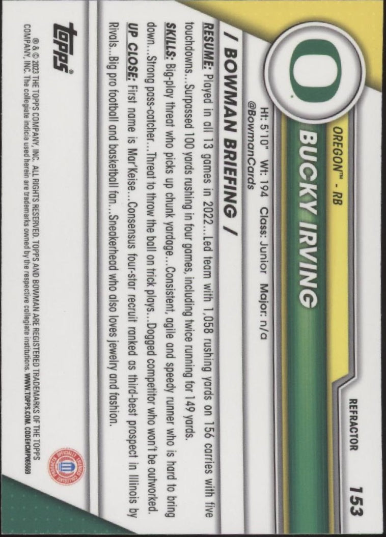 Bucky Irving 2023 Bowman Chrome University Refractor #153