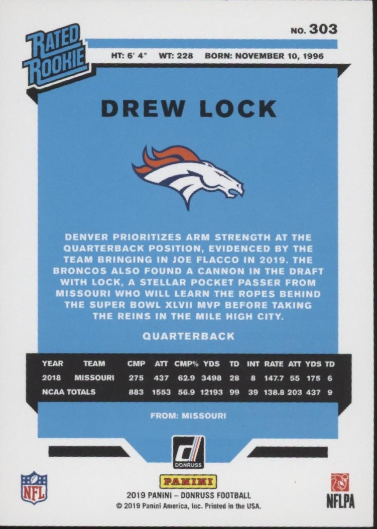 Drew Lock 2019 Panini Donruss Rated Rookie Press Proof Red RC #303