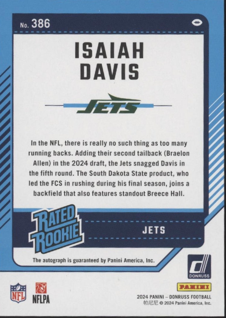 Isaiah Davis 2024 Panini Donruss Rated Rookie Green Auto #386