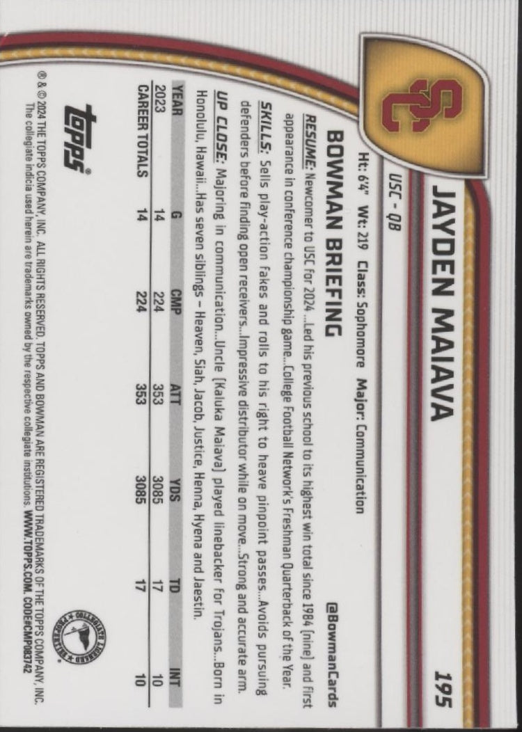 Jayden Maiava 2024 Bowman Chrome University Xfractor Refractor #195