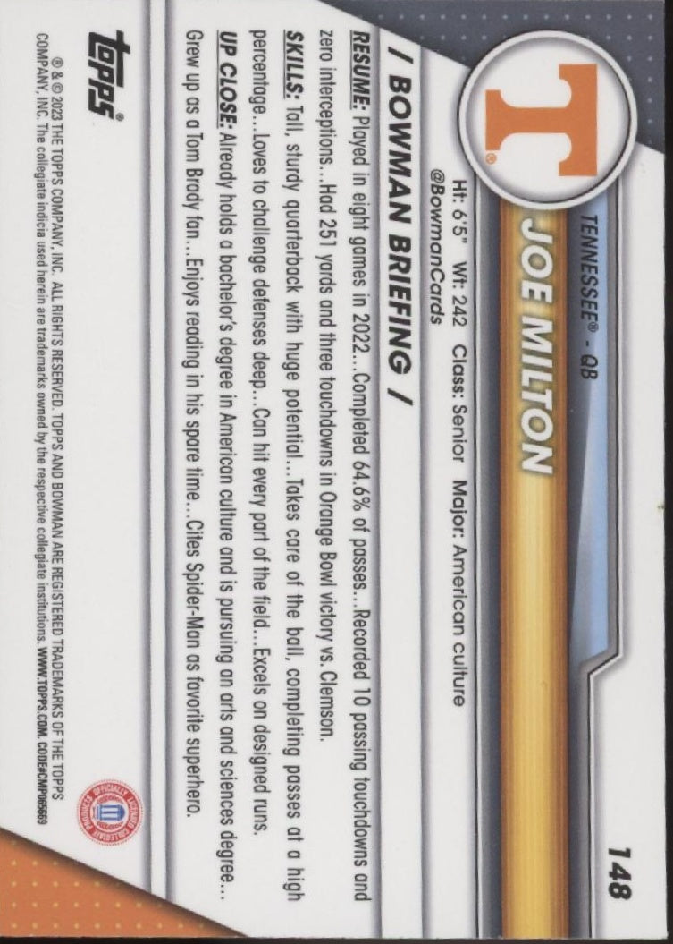 Joe Milton 2023 Bowman Chrome University Shimmer Refractor #148
