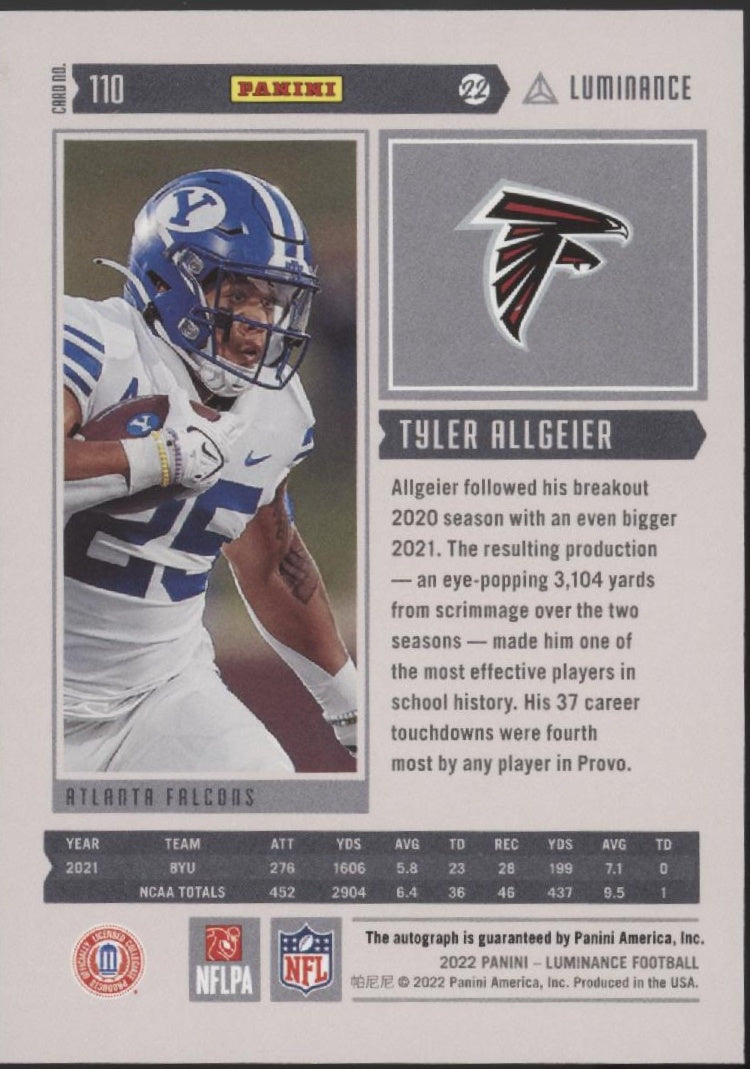 Tyler Allgeier 2022 Panini Luminance RC Auto #110