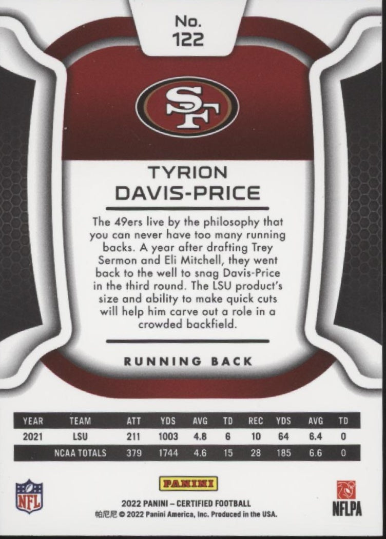 Tyrion Davis-Price 2022 Panini Certified Gold Mirror RC 03/25 #122
