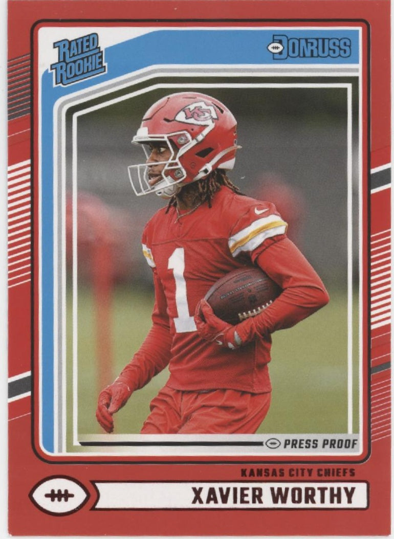 Xavier Worthy 2024 Panini Donruss Rated Rookie Press Proof Red RC #398
