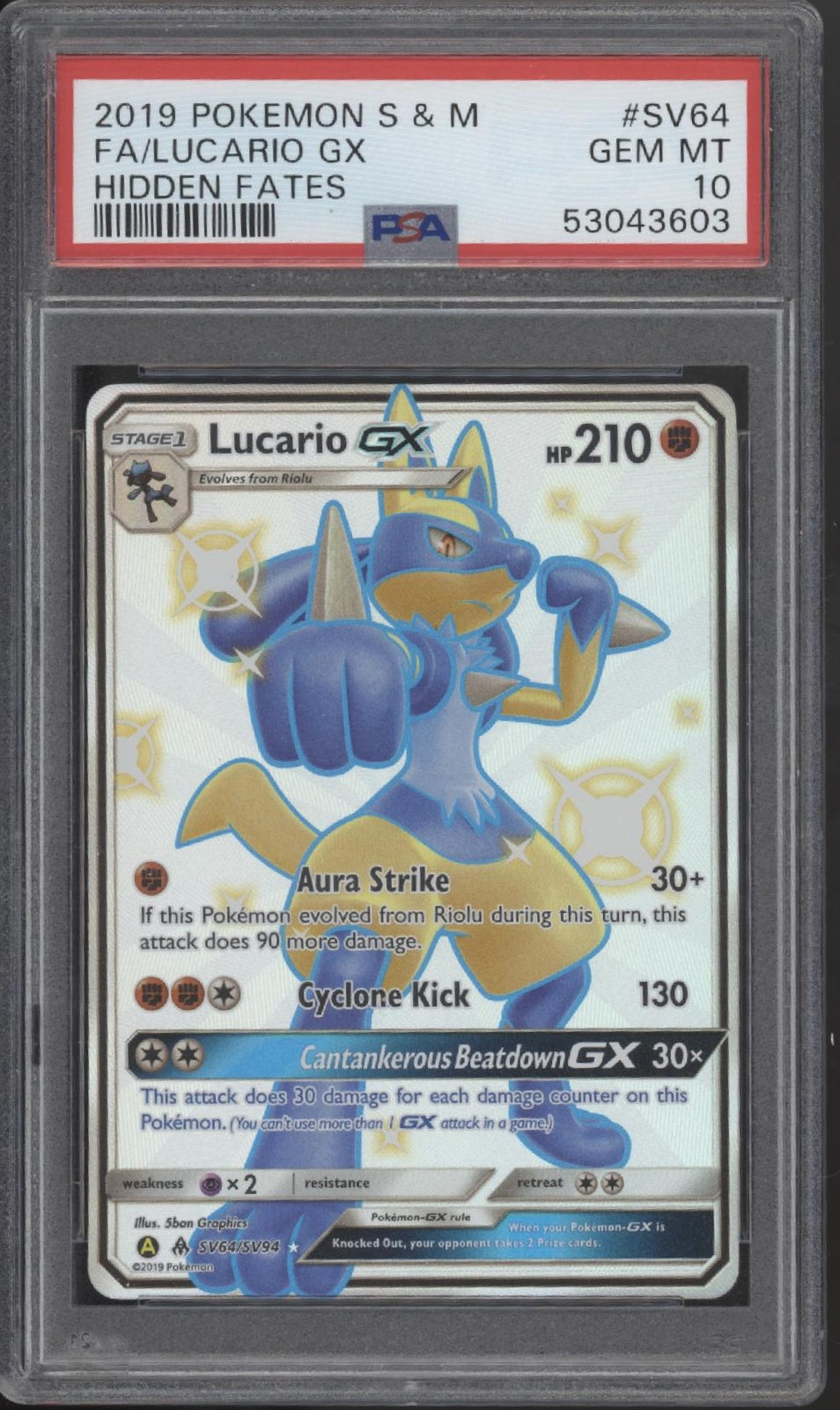pokemon first edition energy card Lucario GX Pokemon Hidden Fates Full Art #SV64 PSA 10