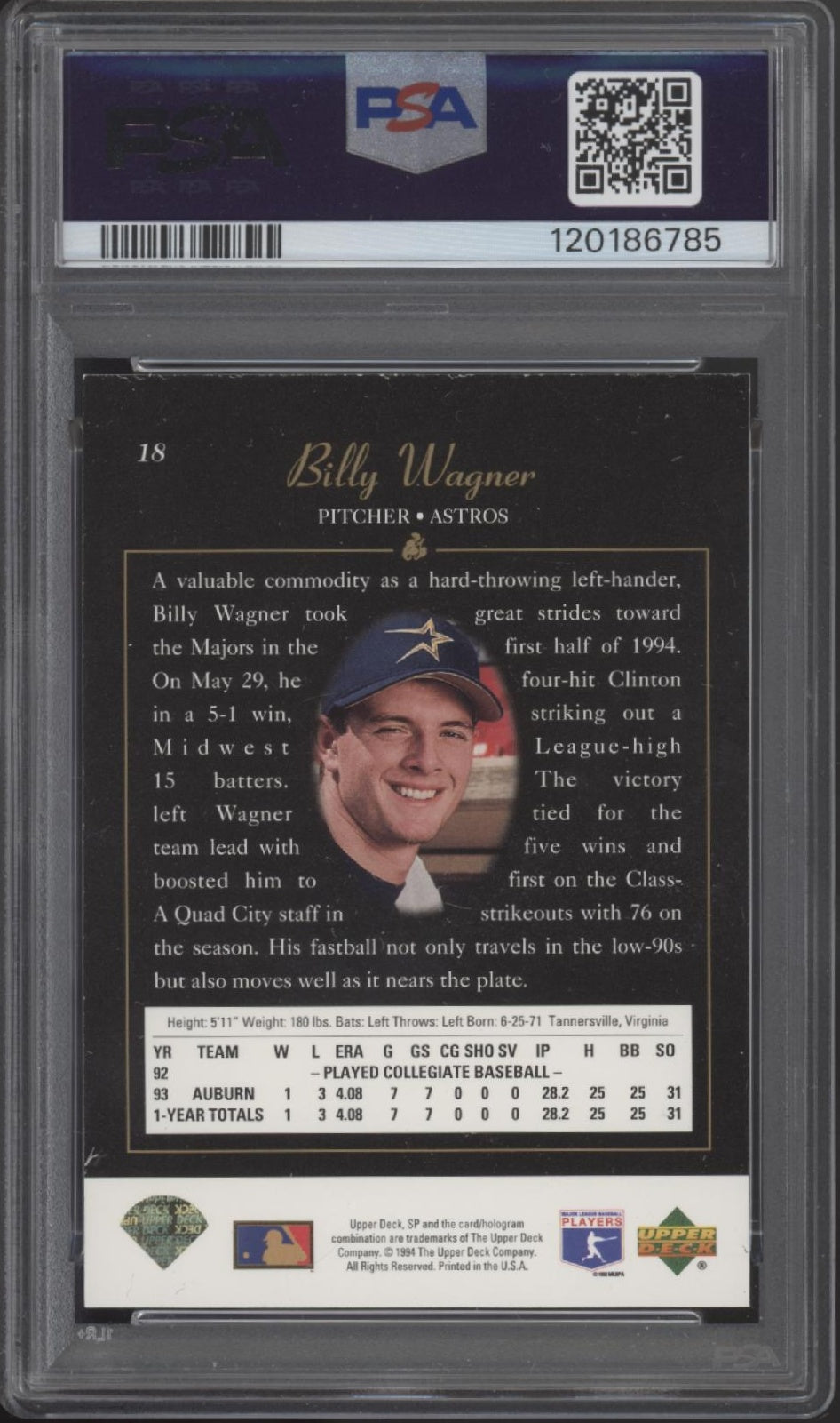 Billy Wagner 1994 Upper Deck SP Premier Prospects Foil #18 PSA 6