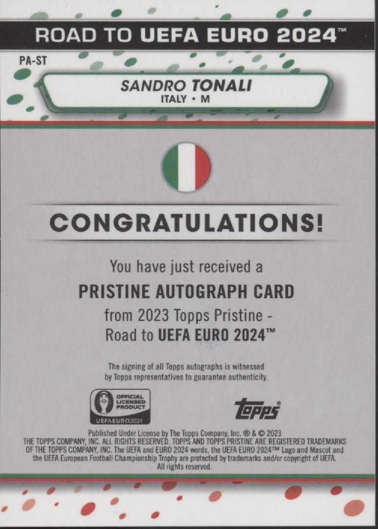 Sandro Tonali 2023-24 Topps Pristine UEFA Euro Green Refractor Auto #RA-ST