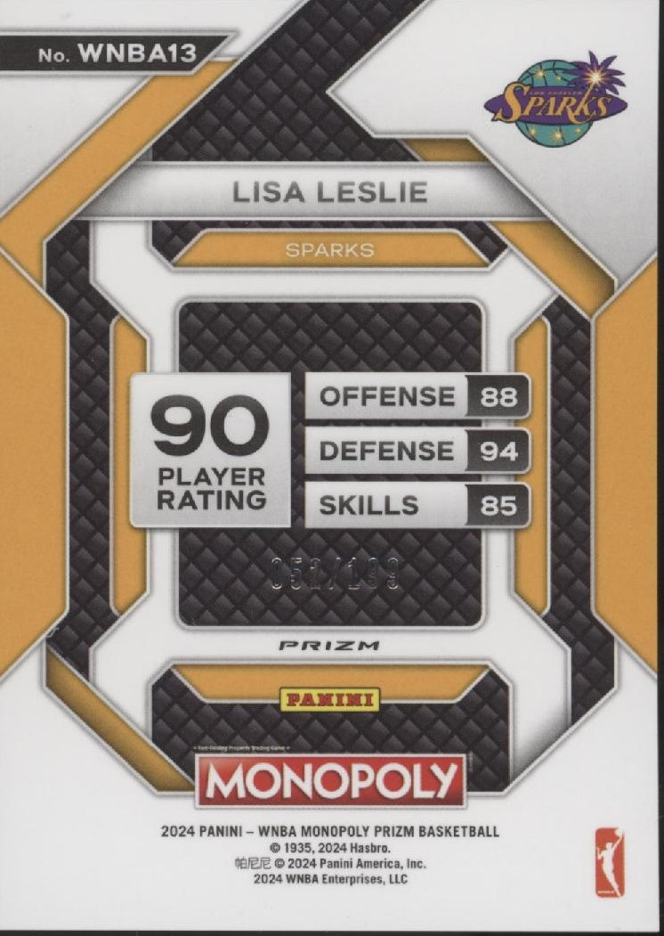 Lisa Leslie 2024 Panini WNBA Monopoly Prizm Light Blue Prizm 052/199 #WNBA13