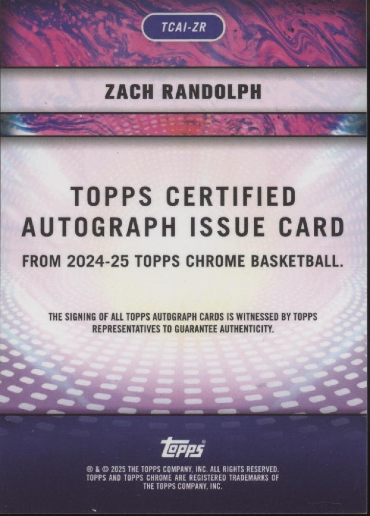 Zach Randolph 2024-25 Topps Chrome Certified Auto #TACI-ZR