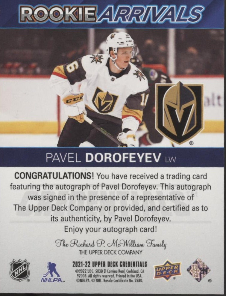 Pavel Dorofeyev 2021-22 Upper Deck Credentials Rookie Arrivals RC Auto #RA-24