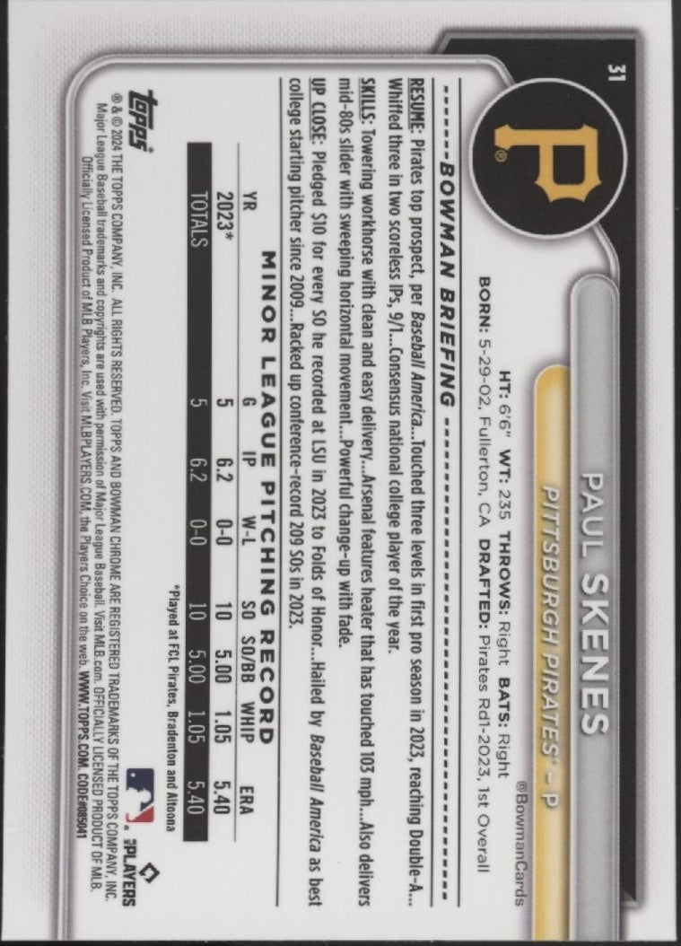 Paul Skenes 2024 Bowman Chrome RC #31