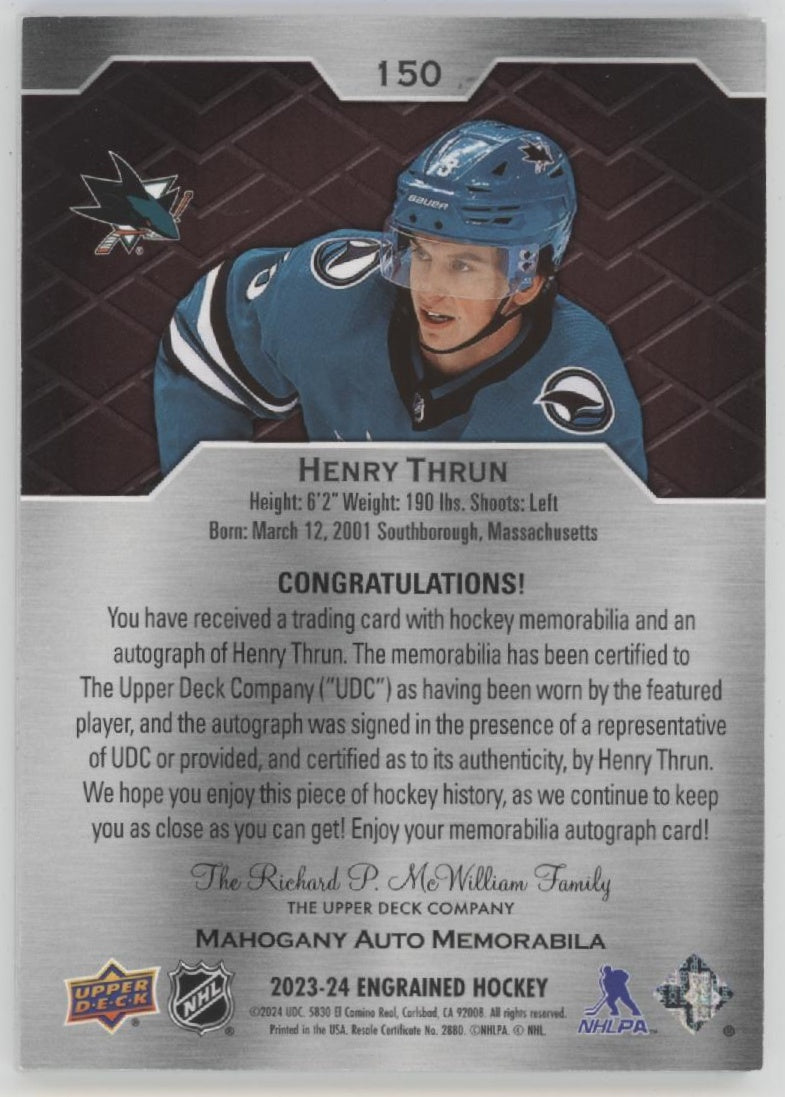 Henry Thrun 2023-24 Upper Deck Engrained Mahogany Swatch RC Auto 24/49