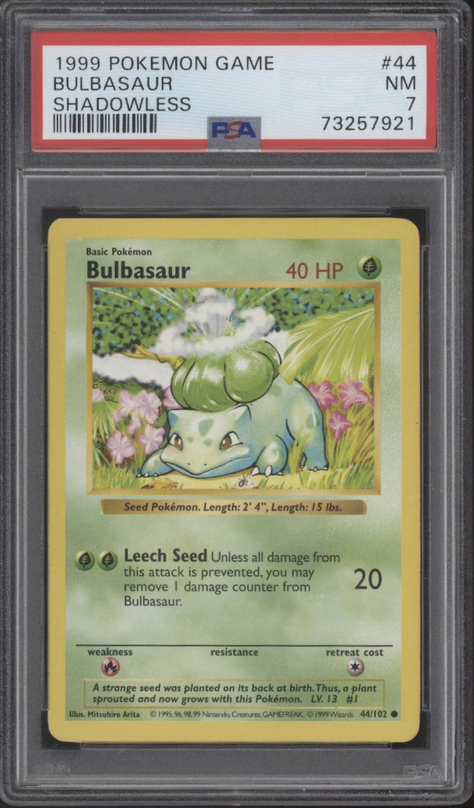Bulbasaur Pokemon Base Set Shadowless #44 PSA 7