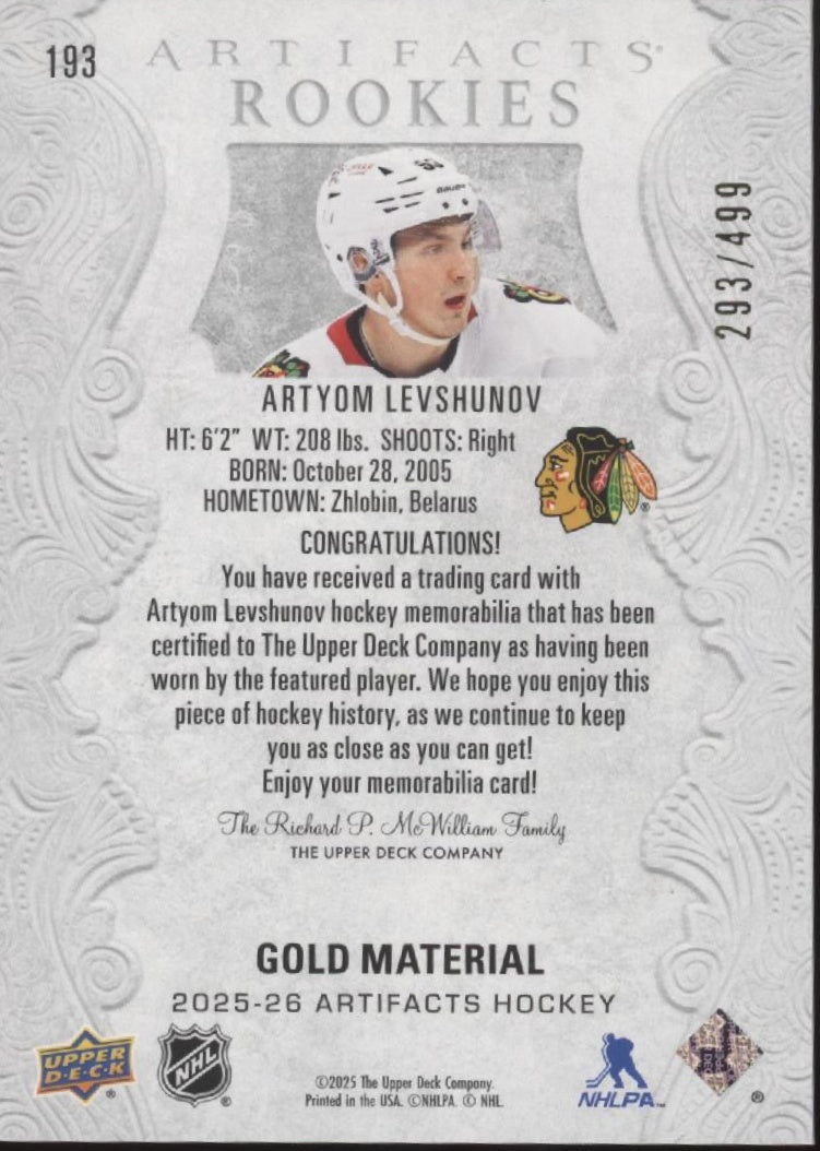Artyom Levshunov 2025-26 Upper Deck Artifacts Gold Material Swatch RC 293/499
