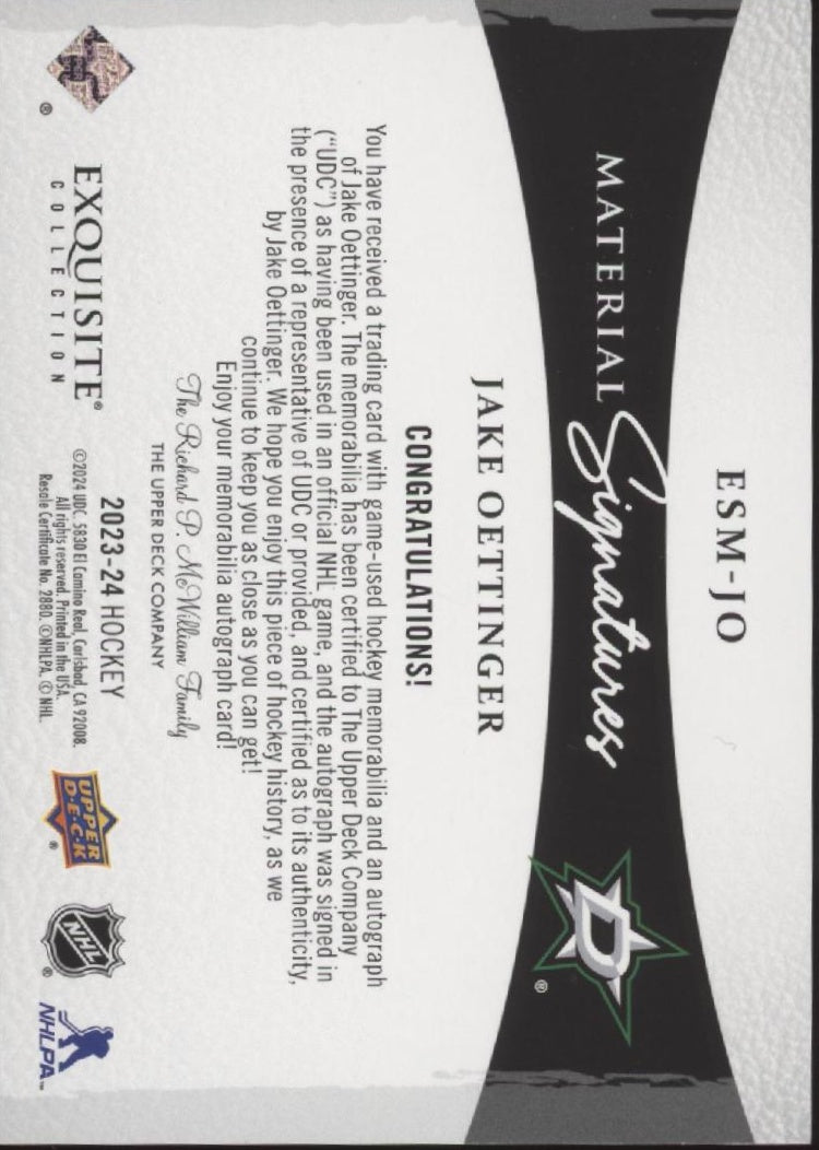 Jake Oettinger 2023-24 UD Exquisite Collection Material Signatures Auto 32/49