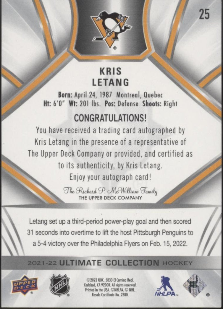 Kris Letang 2021-22 Upper Deck Ultimate Collection Auto #25