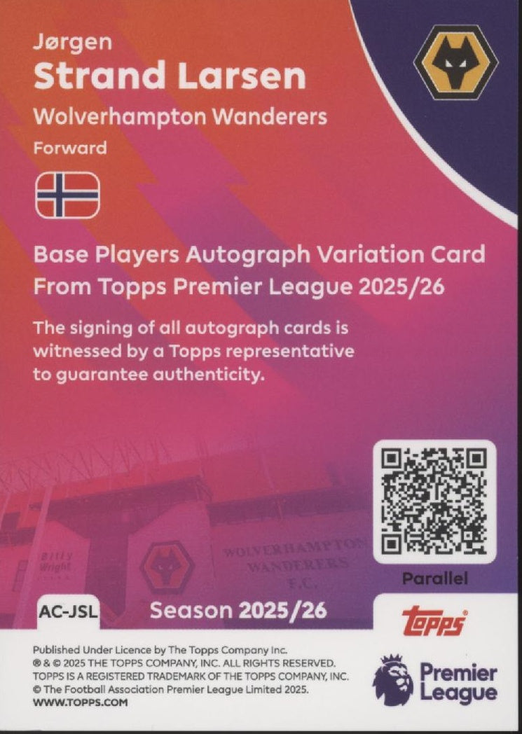 Jorgen Strand Larsen 2025-26 Topps Premier League Blue Holo Auto 141/150