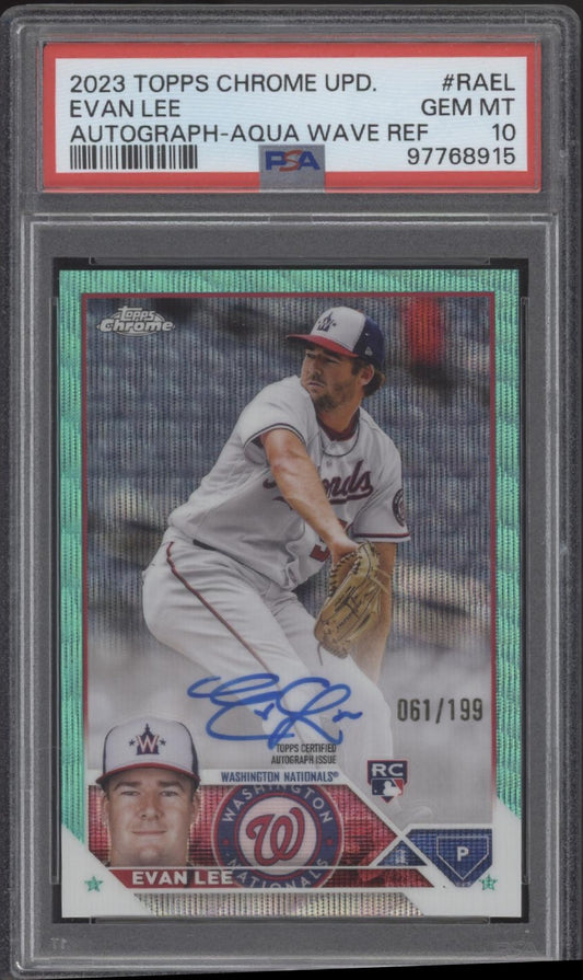 Evan Lee 2023 Topps Chrome Update Aqua Wave Refractor RC Auto 061/199 PSA 10