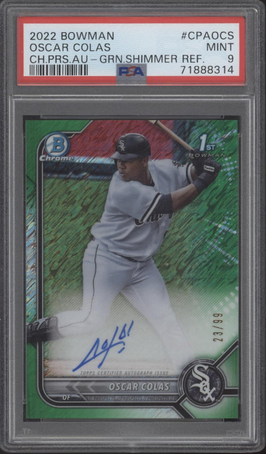 Oscar Colas 2022 Bowman Chrome Prospects Green Shimmer Refractor Auto /99 PSA 9