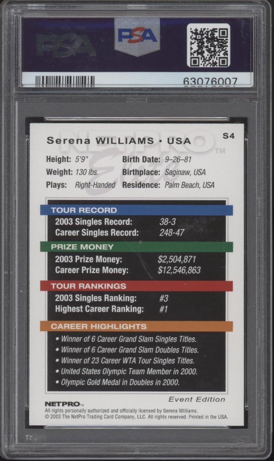 Serena Williams 2003 NetPro Elite Event Starter #S4 PSA 10