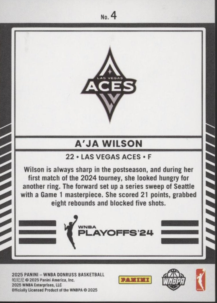 A'ja Wilson 2025 Panini WNBA Donruss Road to the Finals Holo 392/499 #4