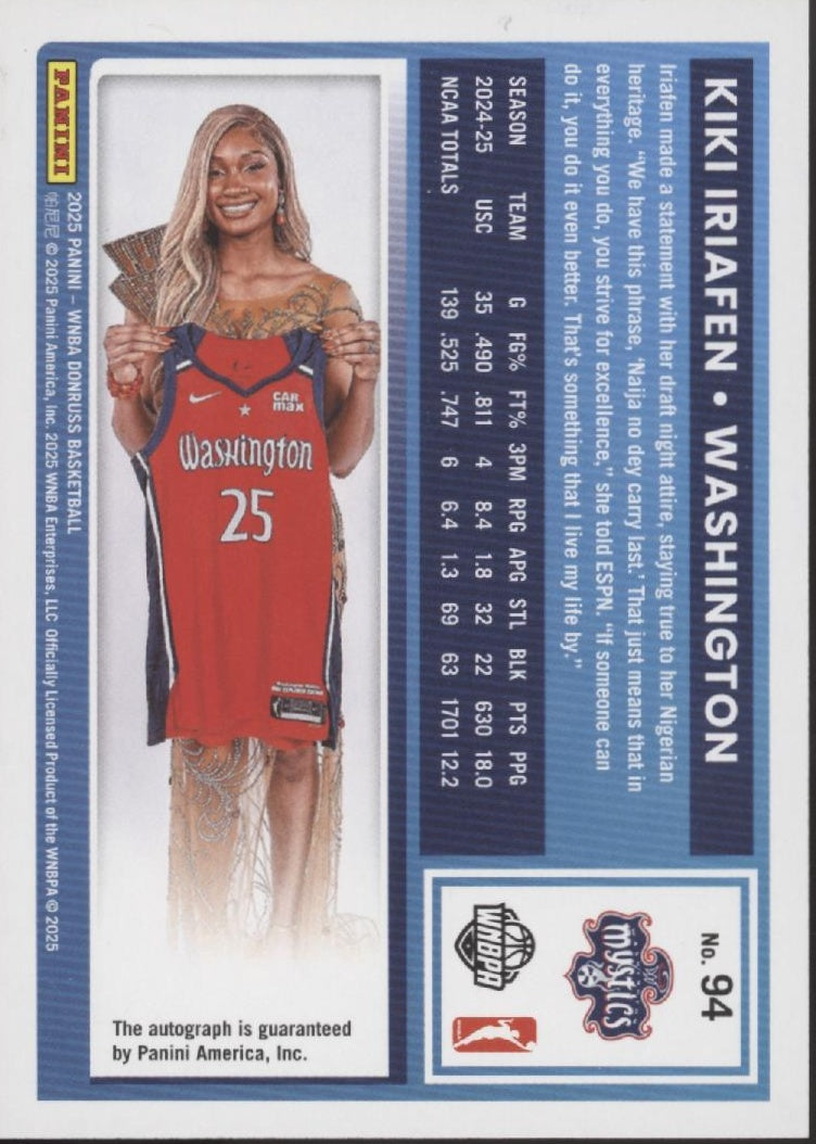 Kiki Iriafen 2025 Panini WNBA Donruss Rated Rookie RC Auto #94