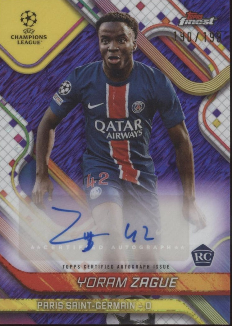 Yoram Zague 2024-25 Topps Finest UEFA CC Purple Lava Refractor RC Auto 190/199