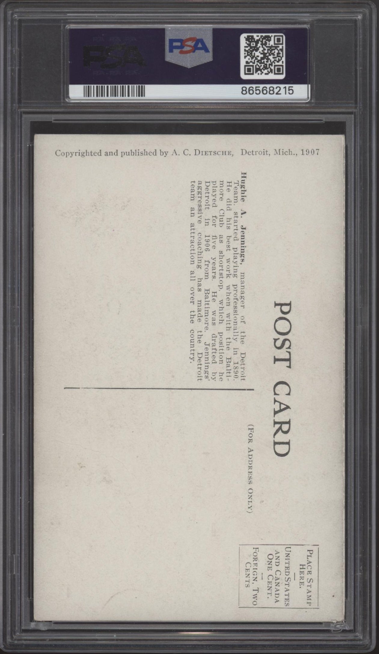 Hughie A Jennings 1907 Dietsche Detroit Tigers Postcards PSA 2