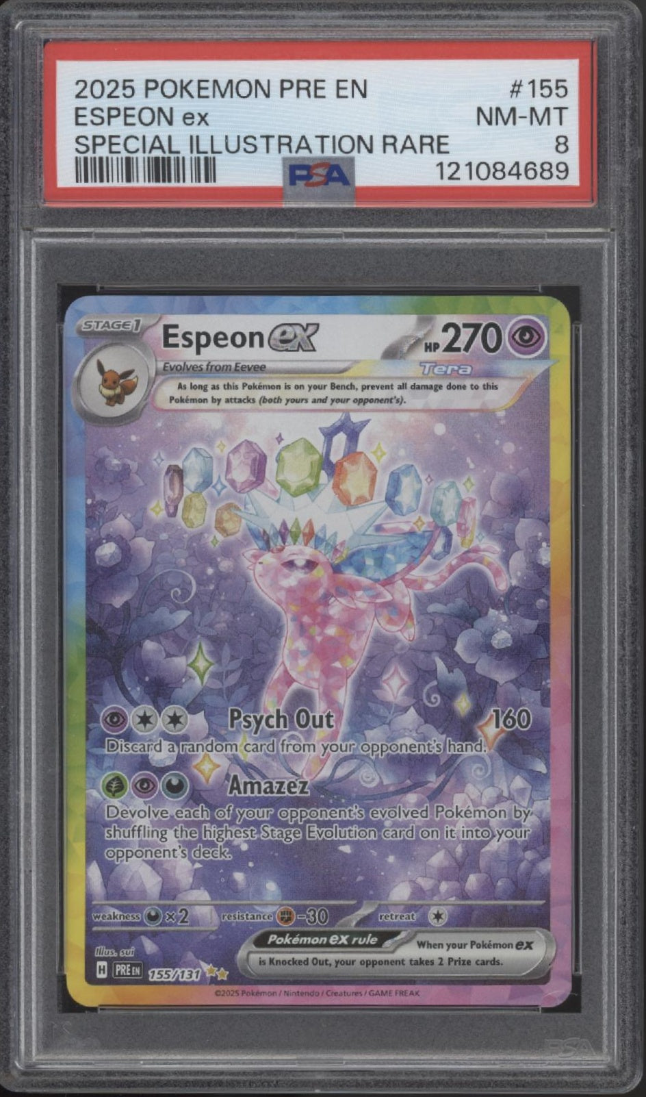 Espeon ex Pokemon Prismatic Evolutions Special Illustration Rare #155 PSA 8 Espeon ex Pokemon Prismatic Evolutions Special Illustration Rare #155 PSA 8