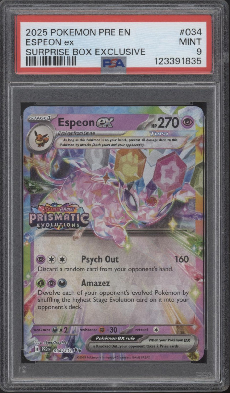 Espeon ex Pokemon Prismatic Evolutions Surprise Box Exclusive #034 PSA 9 #1 Espeon ex Pokemon Prismatic Evolutions Surprise Box Exclusive #034 PSA 9 #1