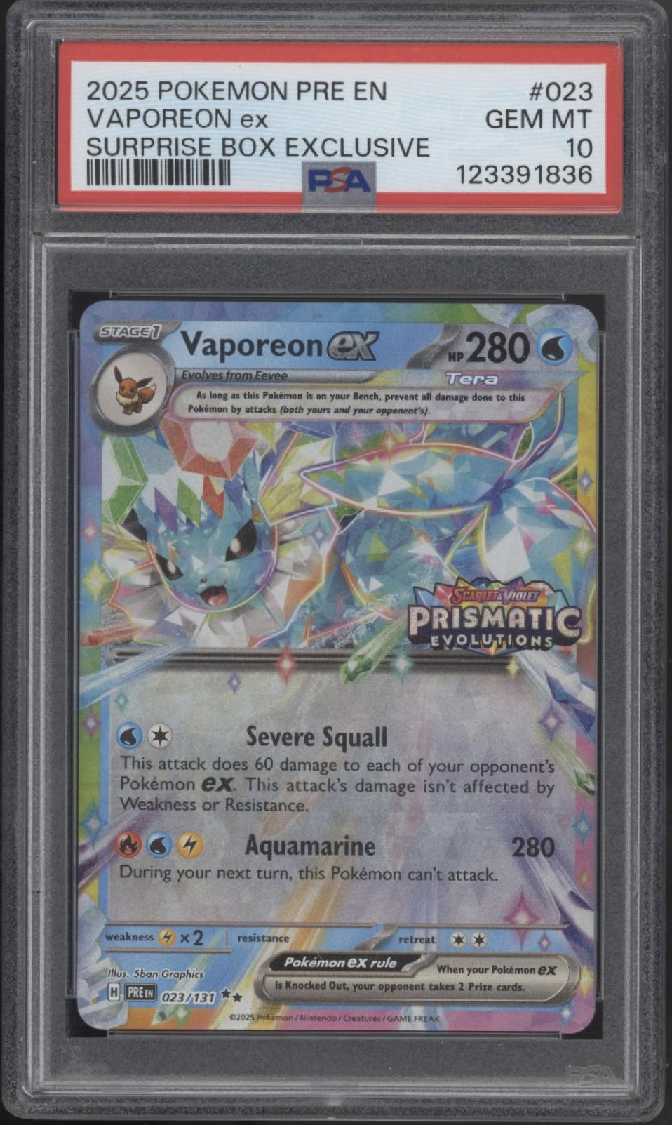 pokemon vaporeon card Vaporeon ex Pokemon Prismatic Evolutions Surprise Box Exclusive #023 PSA 10