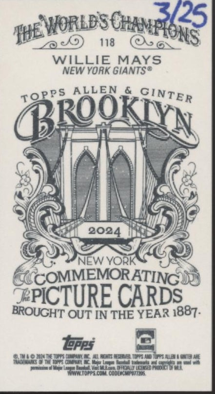 Willie Mays 2024 Topps Allen & Ginter Mini Commemorating Picture Card 3/25 #118